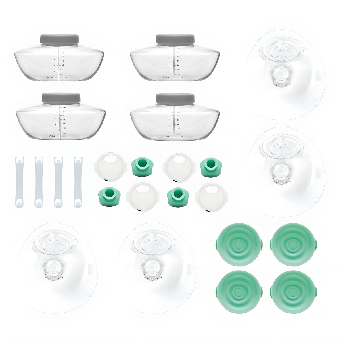 Innehållet i Elvie Pump Startkit Dubbel: brösttrattar, flaskor, pipar, ventiler, förseglingar och bh-justerare.