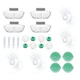Innehållet in Elvie Pump Startkit Double: brösttrattar, bottles, pipar, ventiler, forseglingar and bh-justerare.