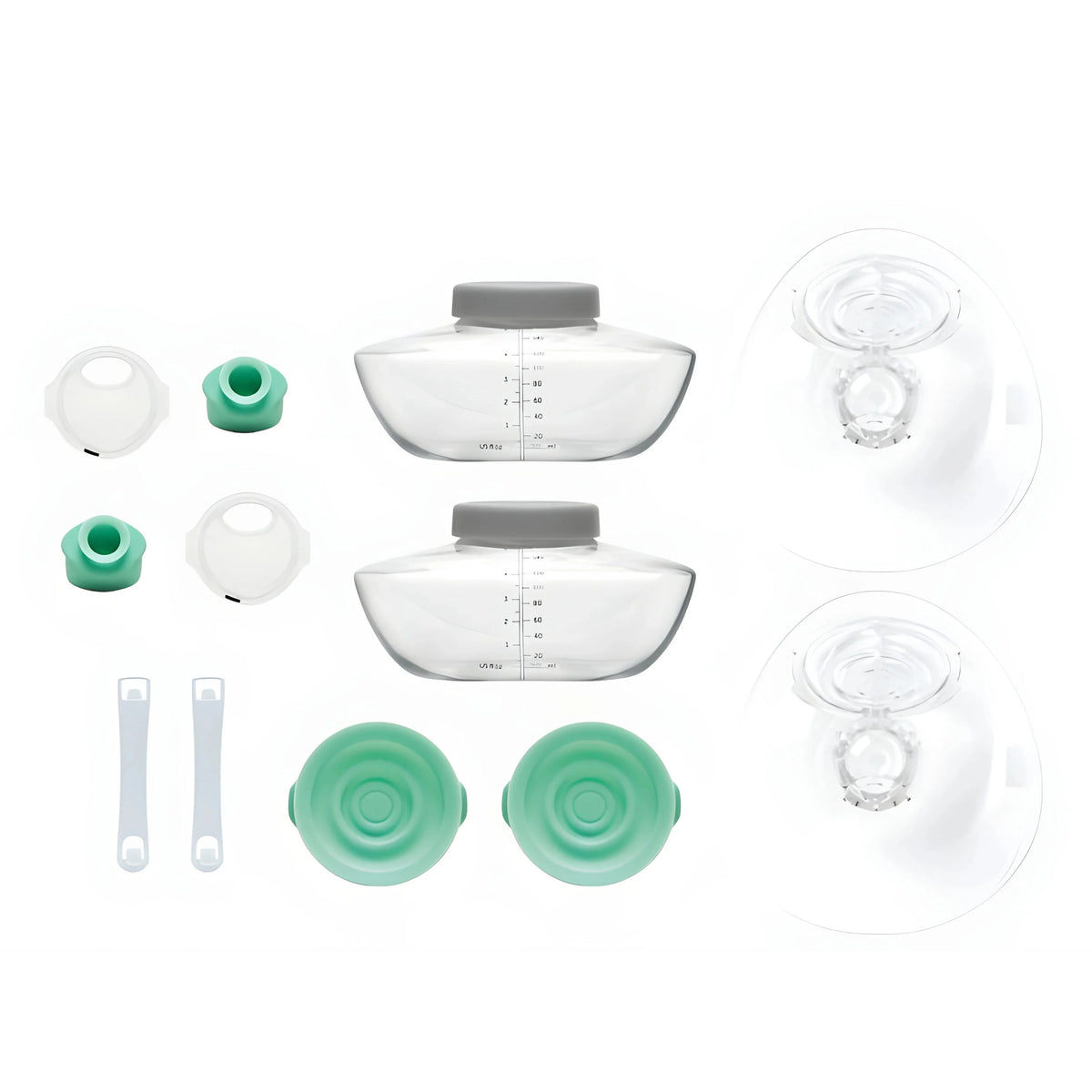 Innehållet i Elvie Pump Startkit Singel: brösttrattar, flaskor, pipar, ventiler, tilseglingar og bh-justerare.